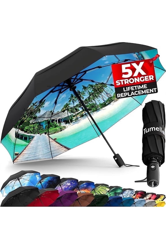 Travel Umbrella, Windproof up to 70 mph, Auto Open Close, Compact, UPF 50+, Fits Backpack