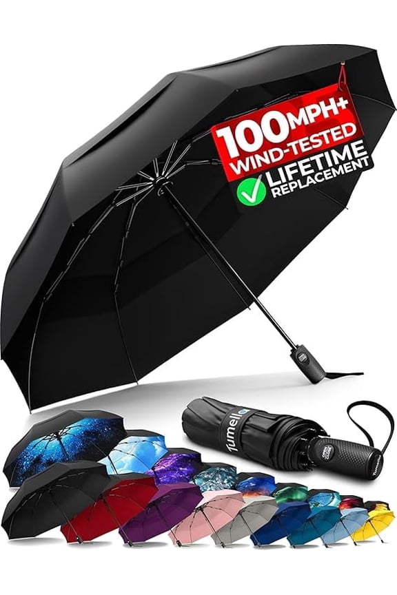 Strongest Windproof Travel Umbrella (Compact, Superior & Beautiful), Small Strong but Light Portable and Automatic Folding Rain Umbrella, Durable Grip, Fits Car & Backpack