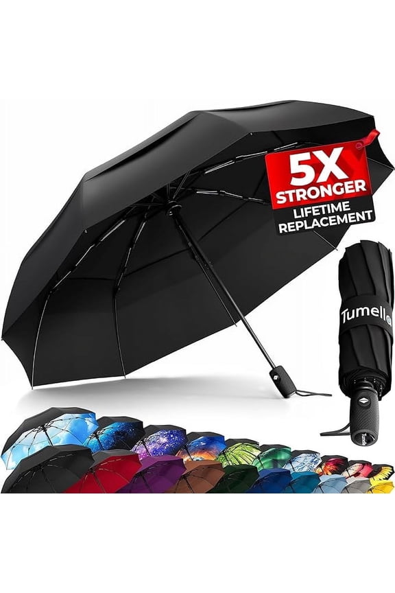 Strongest Windproof Travel Umbrella (Compact, Superior & Beautiful), Small Strong but Light Portable and Automatic Folding Rain Umbrella, Durable Premium Grip, Fits Car & Backpack