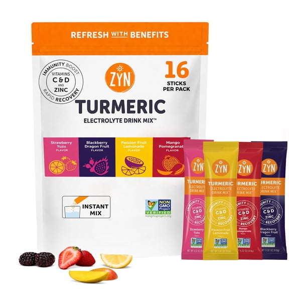 ZYN Electrolyte Drink Mix Hydration Packets, Electrolytes Powder, Hydration Packets w/Turmeric Curcumin, Vitamin C and D, Zinc, Hydrate Electrolyte Powder Packets for Wellness, Variety Pack of 16