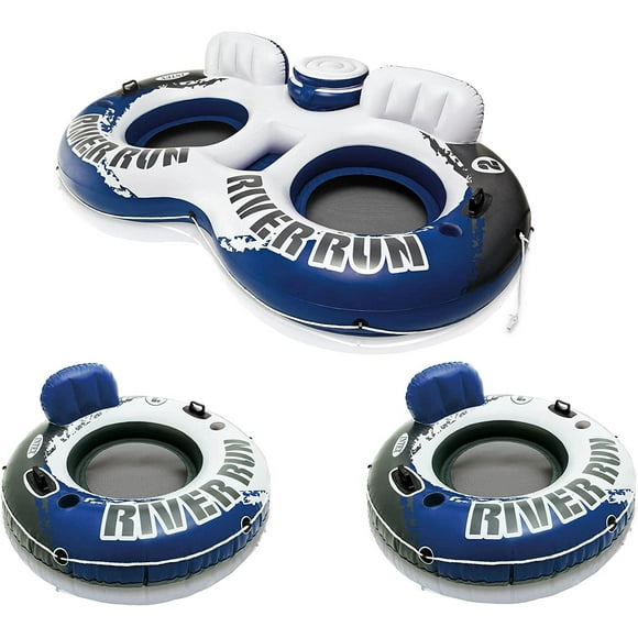 Tumis River Run II Inflatable Double Rider Inntertube with Built-in Cooler and Cupholders with River Run I Single Floating Water Rafts (2 Pack)