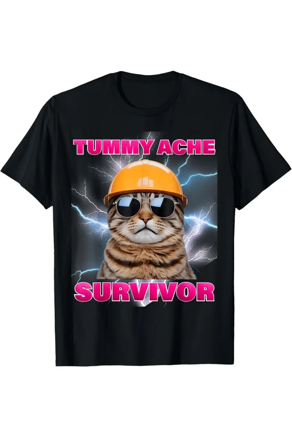Tummy Ache Survivor Cat Meme Funny Saying Animal Humor Gift Unisex T-Shirt, up to size 5XL
