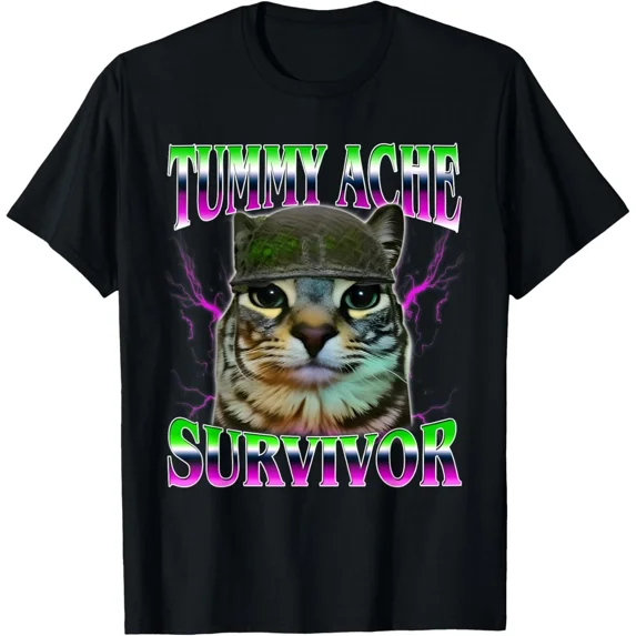 Tummy Ache Survivor Cat Meme Funny Saying Cats Animals T-Shirt Gift for Dad, Mom