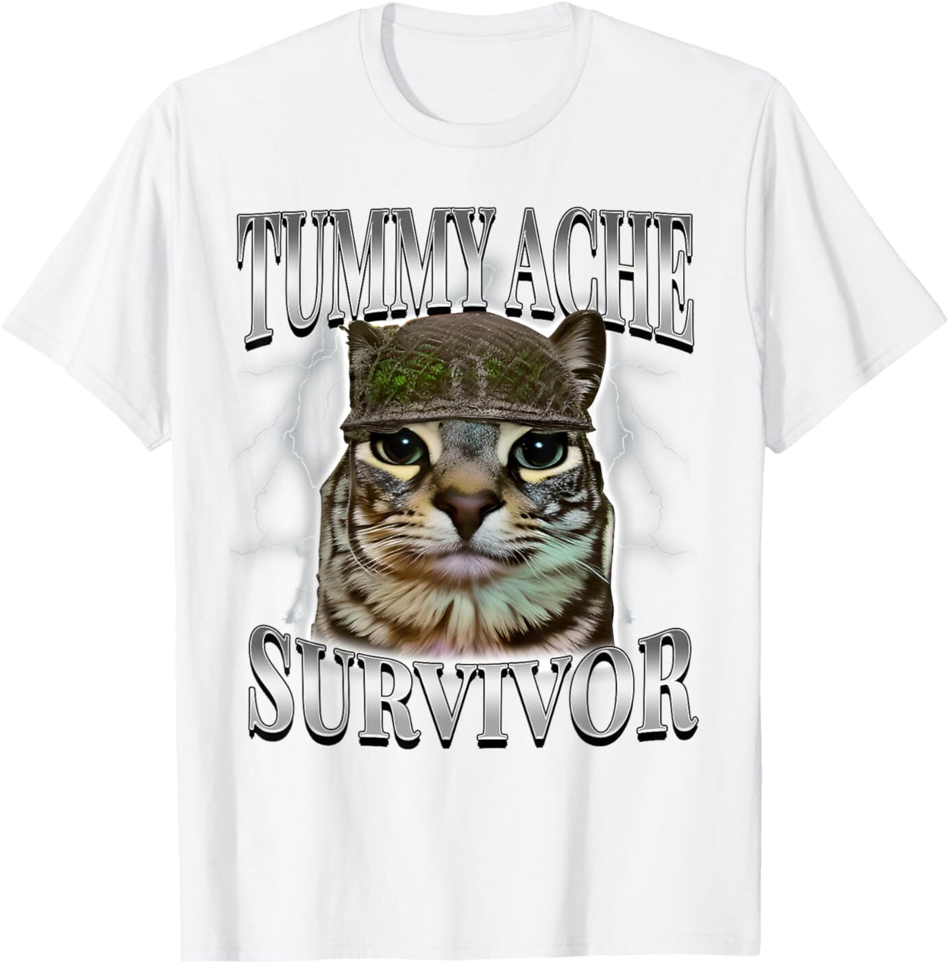 T-shirt Humour Chat 'I Survived Today's Tummy Ache' - Unisexe, Tailles S à 3XL, 100% Coton