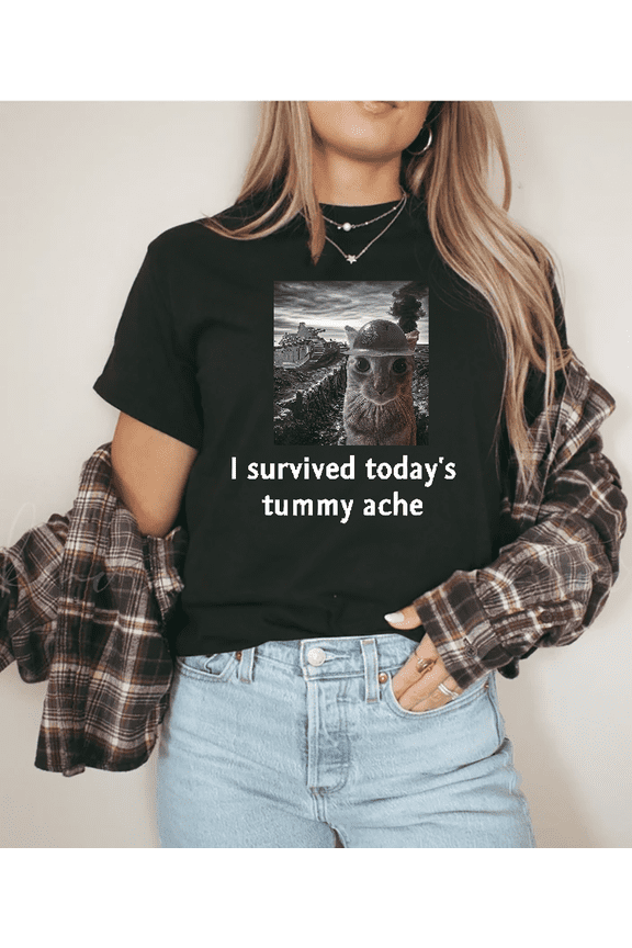Tummy Ache Survivor Funny Cat Meme Internet Humor Graphic Unisex T-Shirt V15215, up to Size 5XL