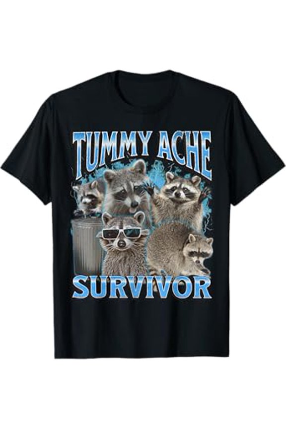 Tummy Ache Survivor Funny Raccoon Meme Bootleg Graphic 90s T-Shirt