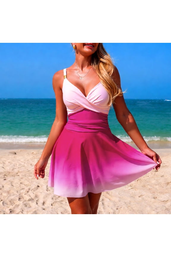 Tummy Control Bathing Suit for Women One Piece Swim Dress Gradient Crossed Beach Swimsuits with Skirt Bottom Pink XL
