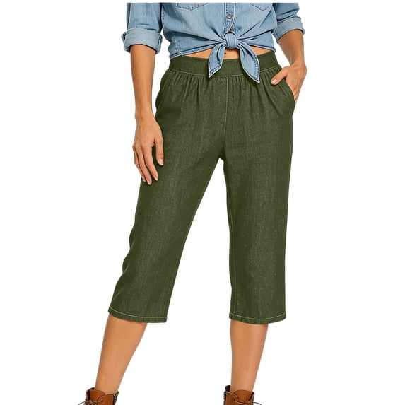 Tummy Control Capri Jeans for Women Wide Leg High Waisted Effortless Flow Pull On Stretchy Denim Pant Elastic Waist Pants with Pockets Lightweight Casual Trousers Slacks Green 3XL