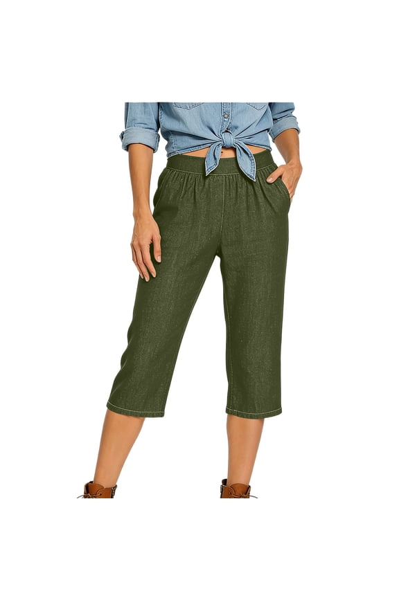 Tummy Control Capri Jeans for Women Wide Leg High Waisted Effortless Flow Pull On Stretchy Denim Pant Elastic Waist Pants with Pockets Lightweight Casual Trousers Slacks Green S