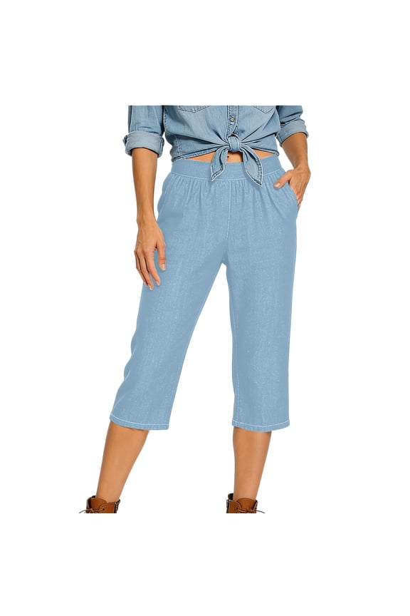 Tummy Control Capri Jeans for Women Wide Leg High Waisted Effortless Flow Pull On Stretchy Denim Pant Elastic Waist Pants with Pockets Lightweight Casual Trousers Slacks Blue M
