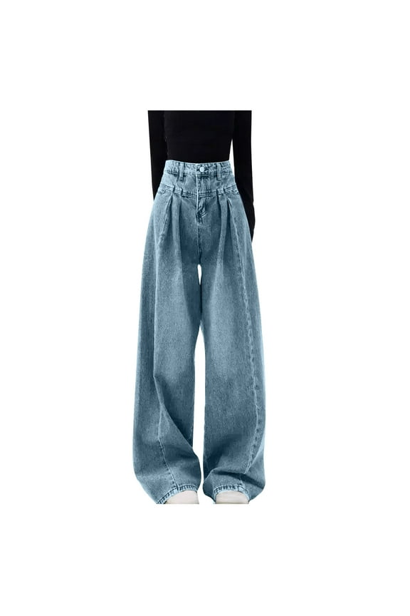 Tummy Control Jeans for Women High Waisted Wrinkle Parachute Denim Pants Trendy Y2k Baggy Wide Leg Streetwear Trousers