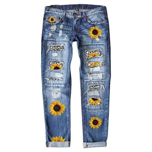 Tummy Control Jeans for Women's Ripped Boyfriend Jeans Distressed Stretch Floral Patches Womens Straight Leg Jeans Size L