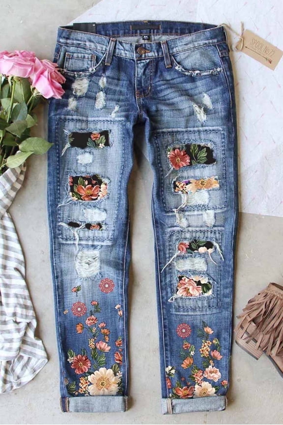 Tummy Control Jeans for Women's Ripped Boyfriend Jeans Distressed Stretch Floral Patches Womens Straight Leg Jeans Size L