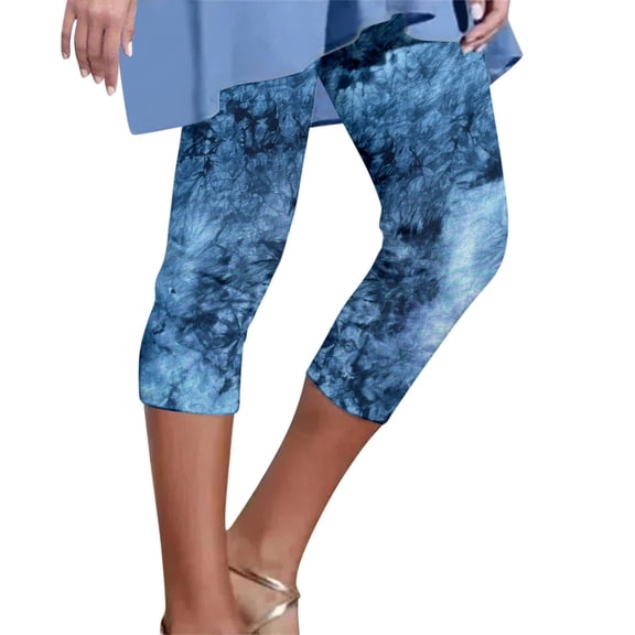 Tummy Control Leggings for Women 3/4 Print Casual Tights Cropped Yoga Pants Blue XXL