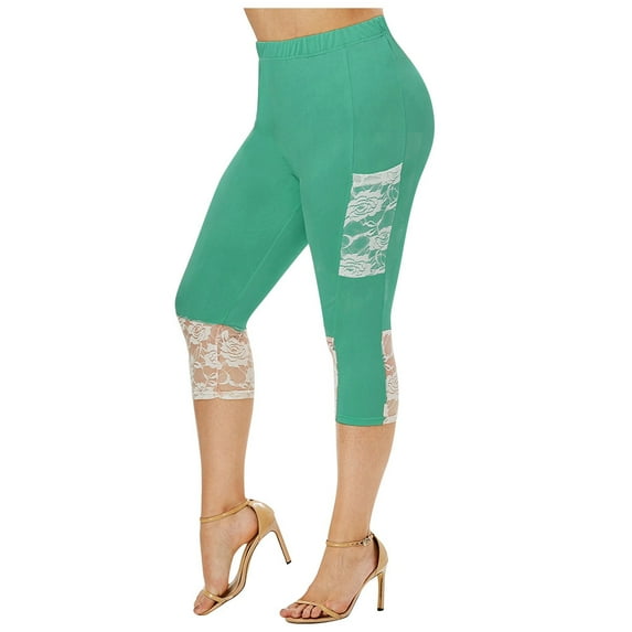 Tummy Control Leggings for Women Solid Lace Patchwork Elastic Waist Casual Ankle Length Legging Green XXXXL