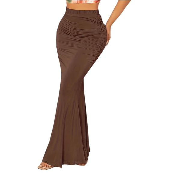 Tummy Control Mermaid Skirt, Elastic Waist with Vertical Ruffles for a Slimming Effect, Perfect for Curvy Figures for Weddings, Parties, or Date Nights. Brown S