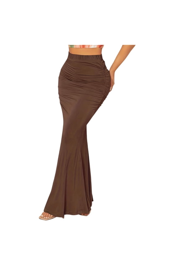 Tummy Control Mermaid Skirt, Elastic Waist with Vertical Ruffles for a Slimming Effect, Perfect for Curvy Figures for Weddings, Parties, or Date Nights. Brown XL