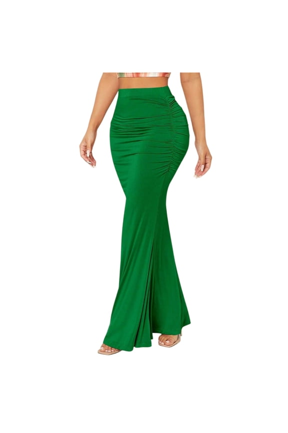 Tummy Control Mermaid Skirt, Elastic Waist with Vertical Ruffles for a Slimming Effect, Perfect for Curvy Figures for Weddings, Parties, or Date Nights. Green XL