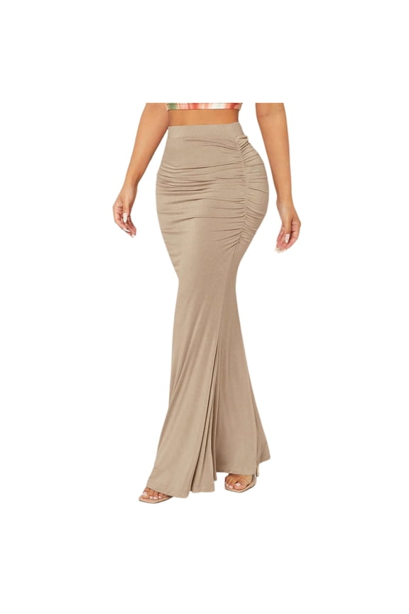 Tummy Control Mermaid Skirt, Elastic Waist with Vertical Ruffles for a Slimming Effect, Perfect for Curvy Figures for Weddings, Parties, or Date Nights. Khaki XL
