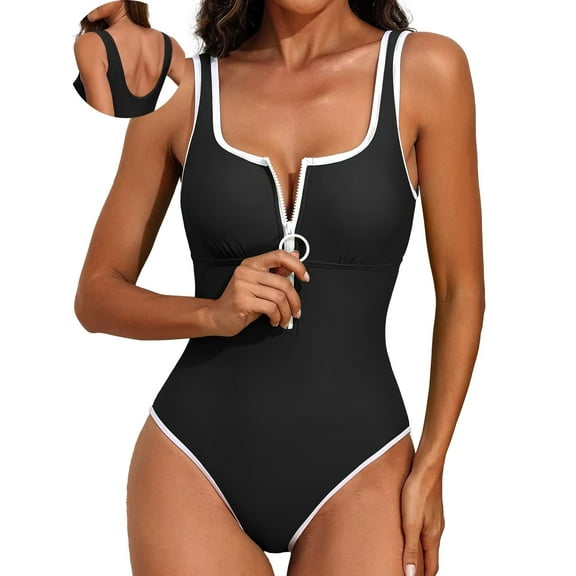 Asoul Zipper Sporty One Piece Swimsuits for Womens Tummy Control Swimwear Wide Straps Low Back Monokini Baths Suits