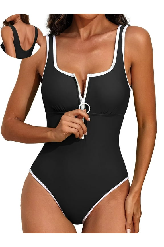 Zipper Sporty One Piece Swimsuits for Womens Tummy Control Swimwear Wide Straps Low Back Monokini Baths Suits