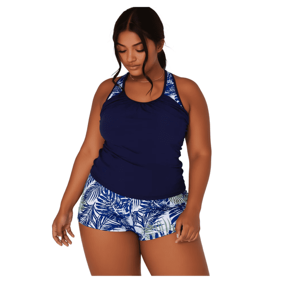 Plus Size Two Piece Tankini Swimsuit Ruched Navy Blue Top Tropical Leaf Print Shorts Tummy Control Navy