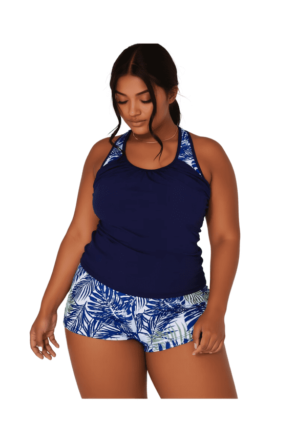 Plus Size Two Piece Tankini Swimsuit Ruched Navy Blue Top Tropical Leaf Print Shorts Tummy Control Navy
