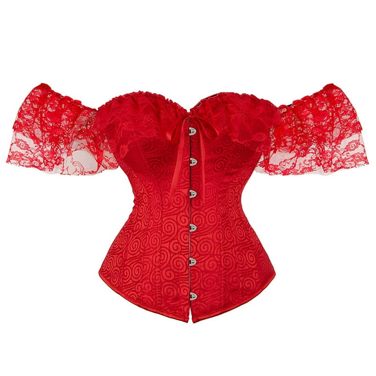 Tummy Control Shapewear Fashion Corset Tops Satin Short Sleeve Lace Up  Retro Court Style Boned Bustier Floral Push Up Con Wear Body Shapers Red XL  