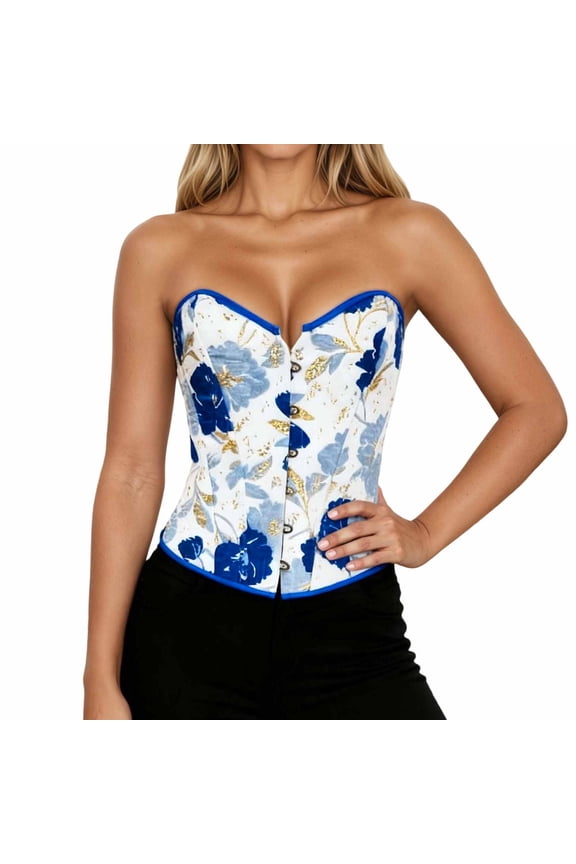Tummy Control Shapewear Women Elegant Floral Embroidery Corset Girdle Chest Support Weight Loss Helper Blue M