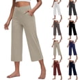 thumbnail image 1 of Tummy Control Stretch Capris for Women with Pockets Wide Leg Pull On Capri Pants 3/4 Length Dressy Casual Trousers Navy L, 1 of 7