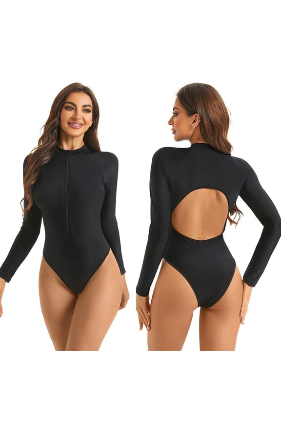 Tummy Control Swimsuits For Women Sevevn Women's One Piece Swimsuits Long Sleeve Open Back Rash Guard Surfing Swimsuit Bathing Suit Black M