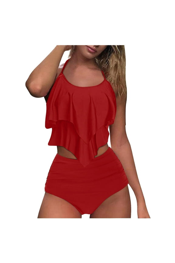 Tummy Control Swimsuits for Women Flounce Layered Swimsuit Two Piece Ruffled Swimwear Ruched High Waisted Swimsuits