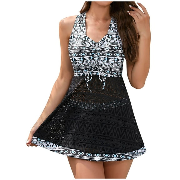 Tummy Control Swimsuits for Women Hollow out Flowy Swimsuit Drawstring Back Cross Bathing Suit Two Piece Tankini Set