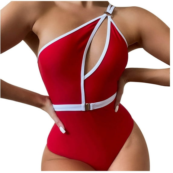 Tummy Control Swimsuits for Women One Shoulder Swimsuits Colorblock Cutout Monokini Swimsuits One Piece Bathing Suit