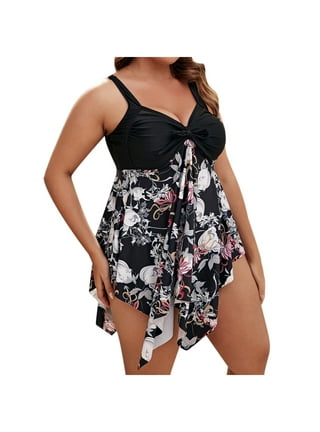 Anjikang Women Two Piece Swimsuits Cute Sunflower High Waisted Bikini Set  Tie Knot Ruched Tummy Control Bathing Suits with Bottom, Black, X-Large