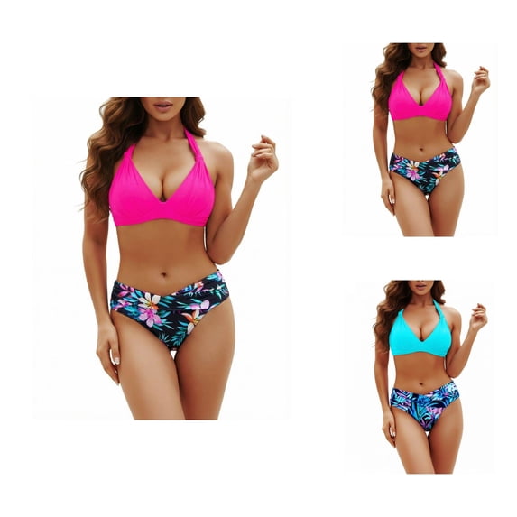 Tummy Control Swimsuits for Women Printed Tankini Two Piece Swimwear High Waist With Rash Guard