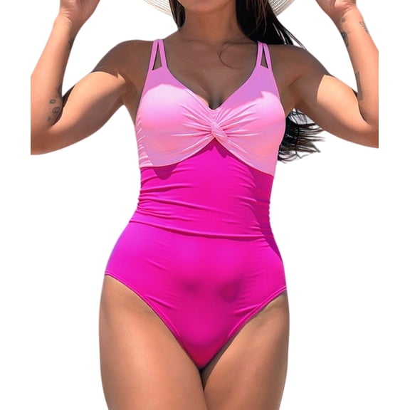 Tummy Control Swimsuits for Women V Neck One-Piece Bathing Suit Ruched Built-in Bra Rose Red & Pink S
