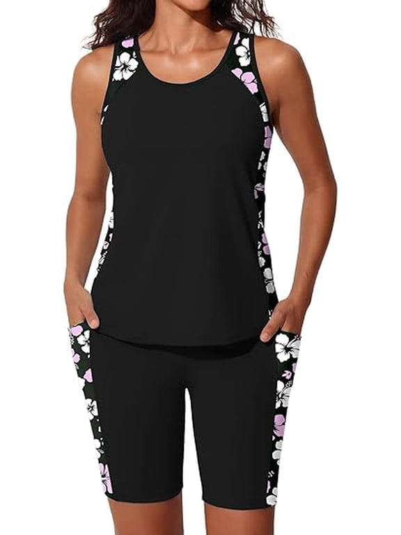 Tummy Control Tankini Swimsuits for Women, 2026 Modest Bathing Suit with 7" Long Boy Shorts and Side Pockets