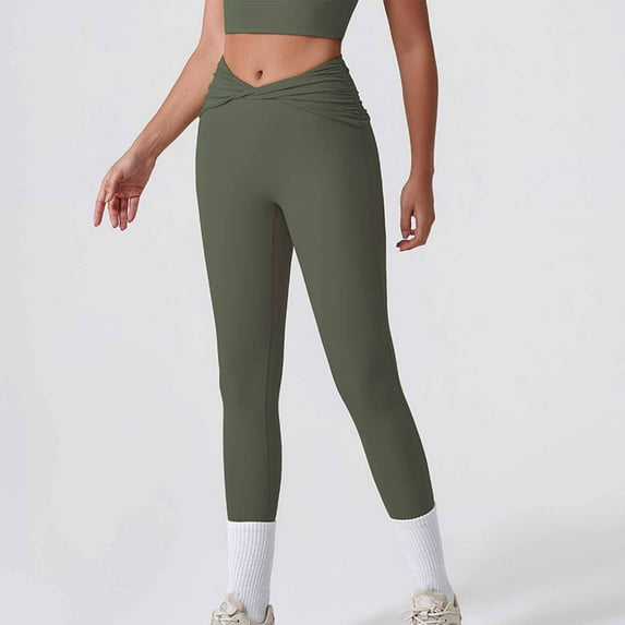 Tummy Control Workout Leggings With Pockets High Waist Athletic Yoga Pants For Women Running, Fitness Army Green S