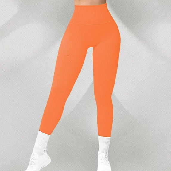 Tummy Control Workout Leggings With Pockets High Waist Athletic Yoga Pants For Women Running, Fitness Orange M