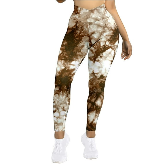 Tummy Control Yoga Pants Women Yoga Leggings Tie Dye Print Brown Xxl