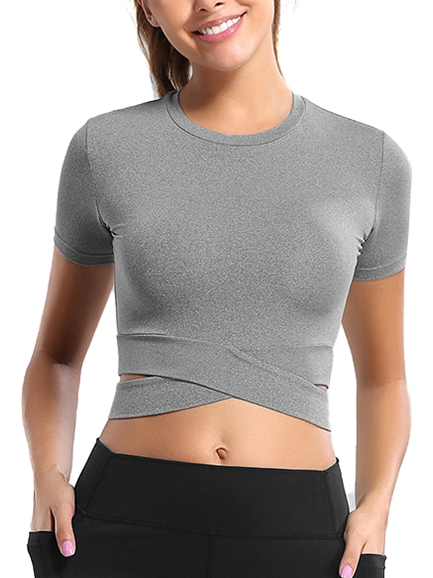 Women's Long Sleeve Yoga Crop Tops Scoop Neck Slim Fit Quick Dry