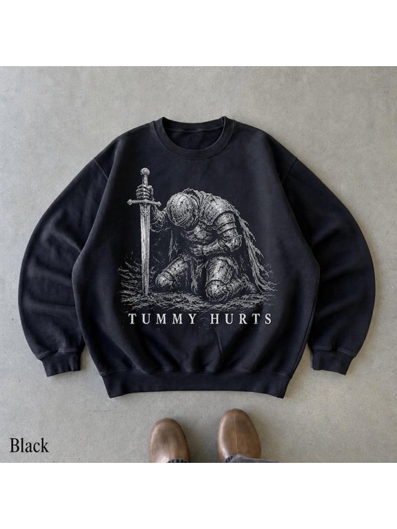 Tummy Hurts Knight Sweatshirt, Funny Dark Fantasy Graphic Sweatshirt, Ironic Meme Crewneck, Gamer Girl Gift, Retro Elden Knight Sweatshirt