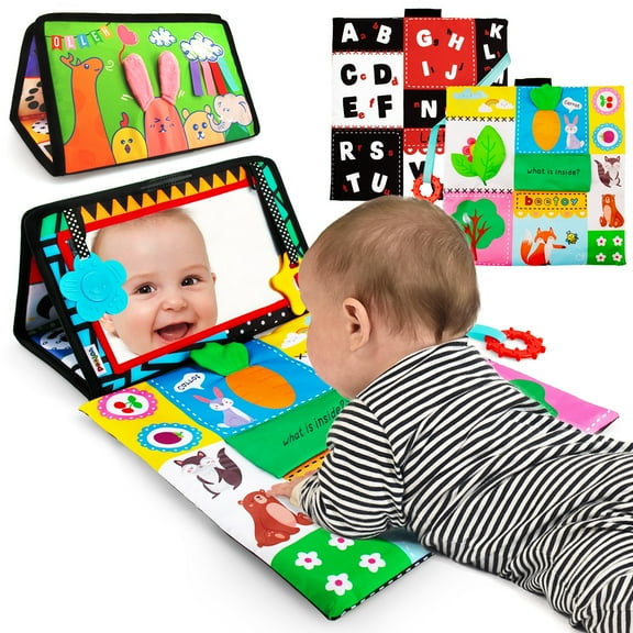 Tummy Time Baby Mirror Toys with Black and White Pattern, Double High Contrast 3D Activity Play Crinkle Toys Foldable Baby Mirror Sensory Development Toys for Newborn 0 3 6 Months