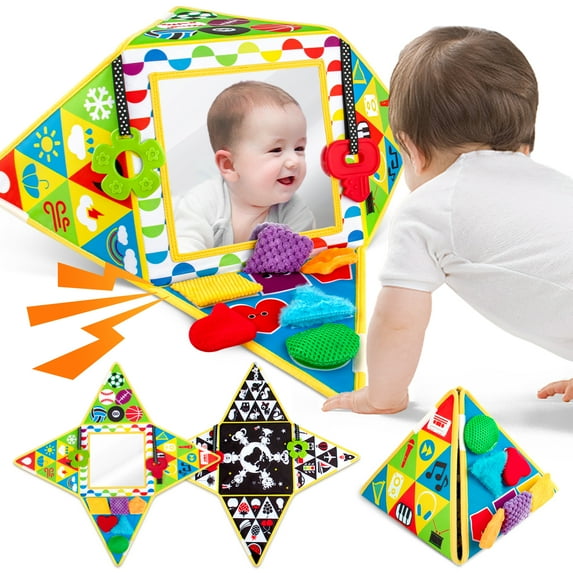 Tummy Time Baby Mirror Toys Double-Sided Black and White High Contrast Baby Toys for Babies Sensory Texture Infant Toys 0 3 6 9 12 Months with Squeaker