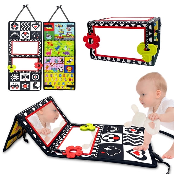 Tummy Time Floor Mirror with Teethers, Double-Sided Baby Mirror, Black & White High Contrast Sensory Toy, Newborn Infant Crawling Developmental Aid, Perfect for Halloween & Christmas Gifts