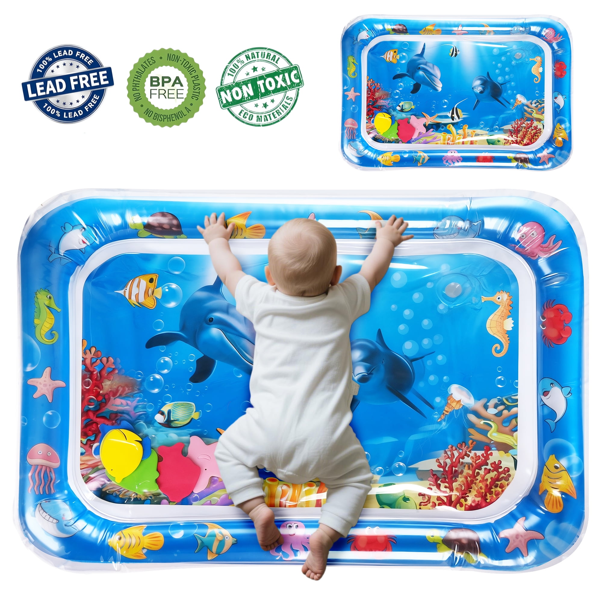 Tummy Time Mat,Qissep Baby Blue Water Play Mat,Inflatable Infant Baby Water Mats for 3 to 24 Months,Fun Activity Center for Stimulate The Sensory Development of Babies