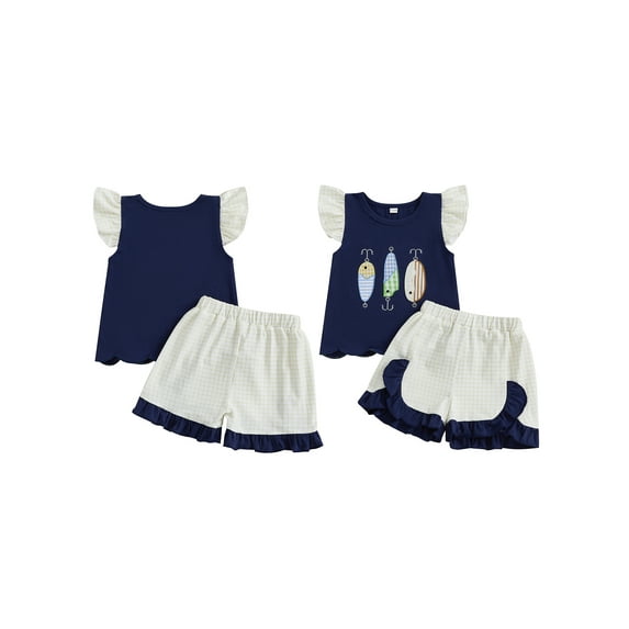 BemeyourBBs Girl Summer Outfit Fish Embroidery Flying Sleeve Tops Plaid Shorts
