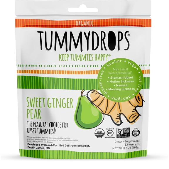 USDA Organic Sweet Ginger Pear Flavor Tummydrops, 33 lozenges, Certified Organic, Gluten Free, & Kosher