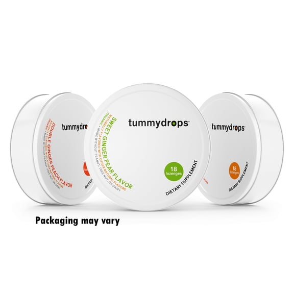 Tummydrops Variety Pack: The Organic Ginger Goodness Pack (1 tin Each Spicy Ginger, Sweet Ginger Pear, & Double Ginger Peach-Total of 54 Drops)